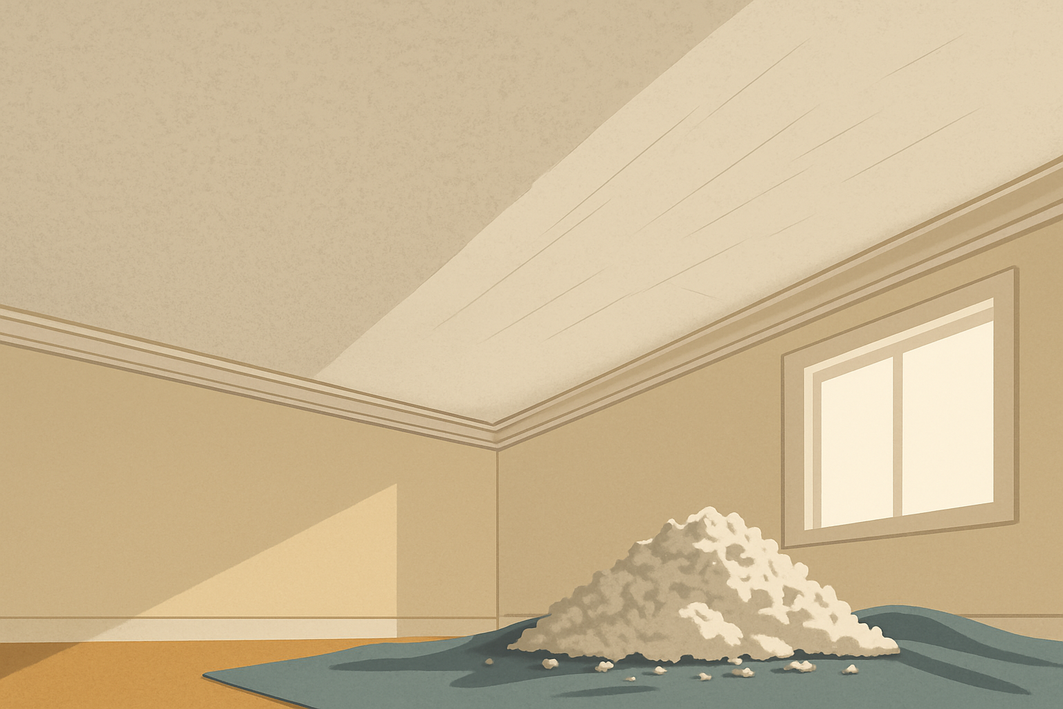 Illustration of partially-removed popcorn ceiling showing scraped smooth section and remaining textured area