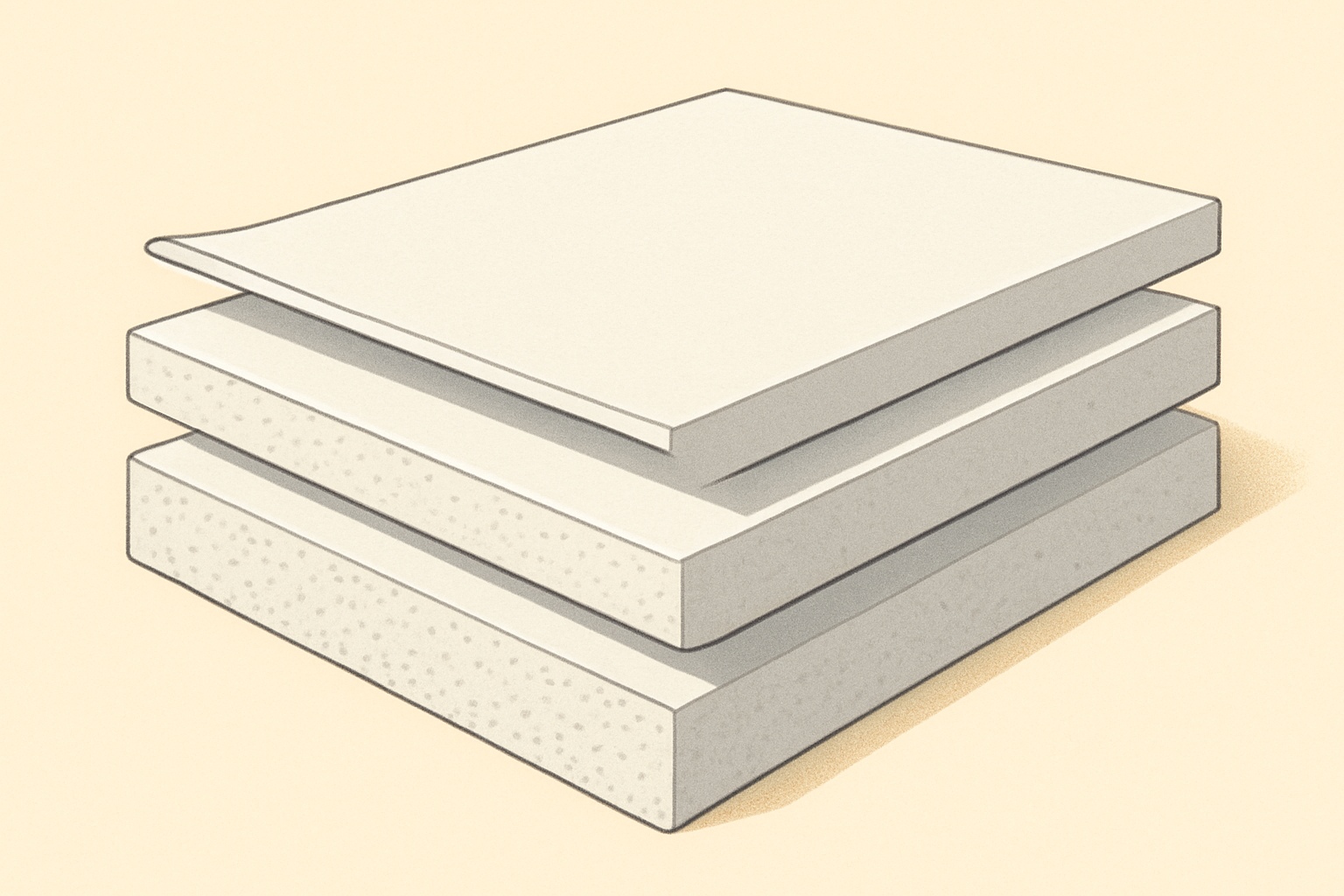Cross-section illustration of three drywall sheets showing 1/4 inch, 1/2 inch, and 5/8 inch thicknesses