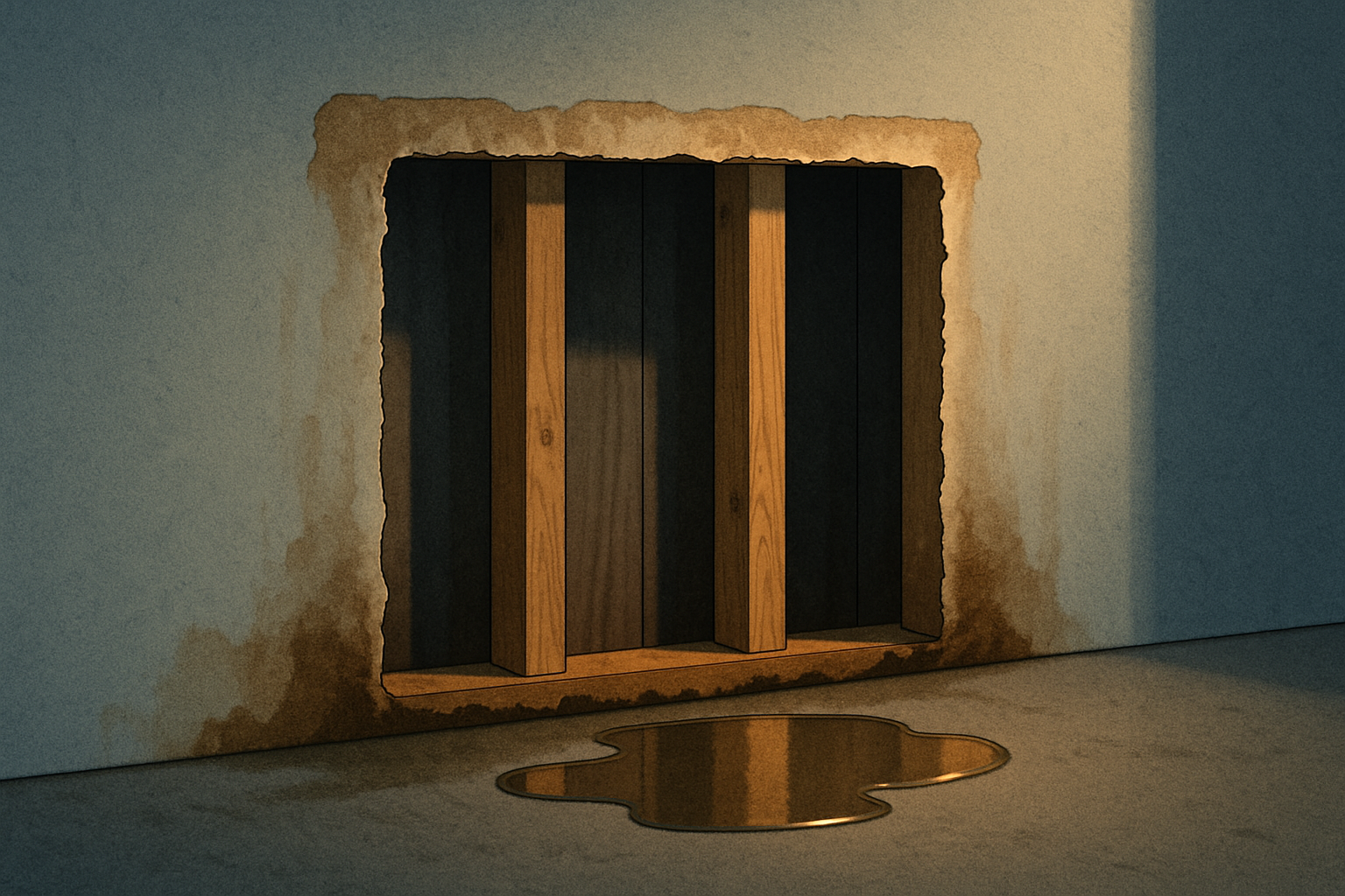 Illustration of a basement wall with rectangular cut-out exposing studs and water-stained drywall edges